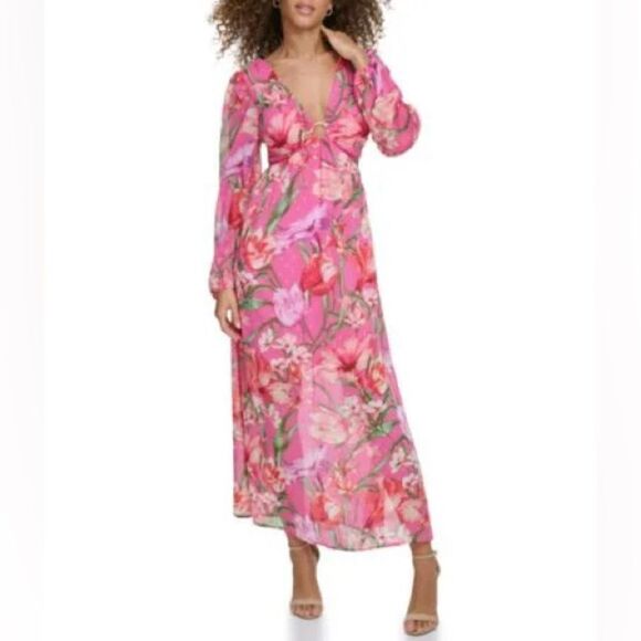 Siena Dress Women Sizes 2, 8 & 10 Pink Floral Long Sleeve Maxi O-Ring V-Neck NWT - Picture 1 of 16